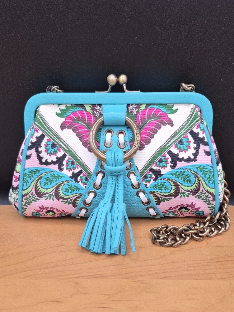 Vintage Isabella Fiore Teal Leather Paisley Kiss Lock Frame Bag Chain Strap